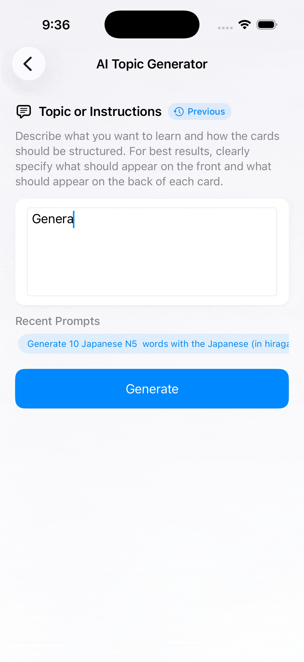 MindCards collection view showing decks generated from a topic
